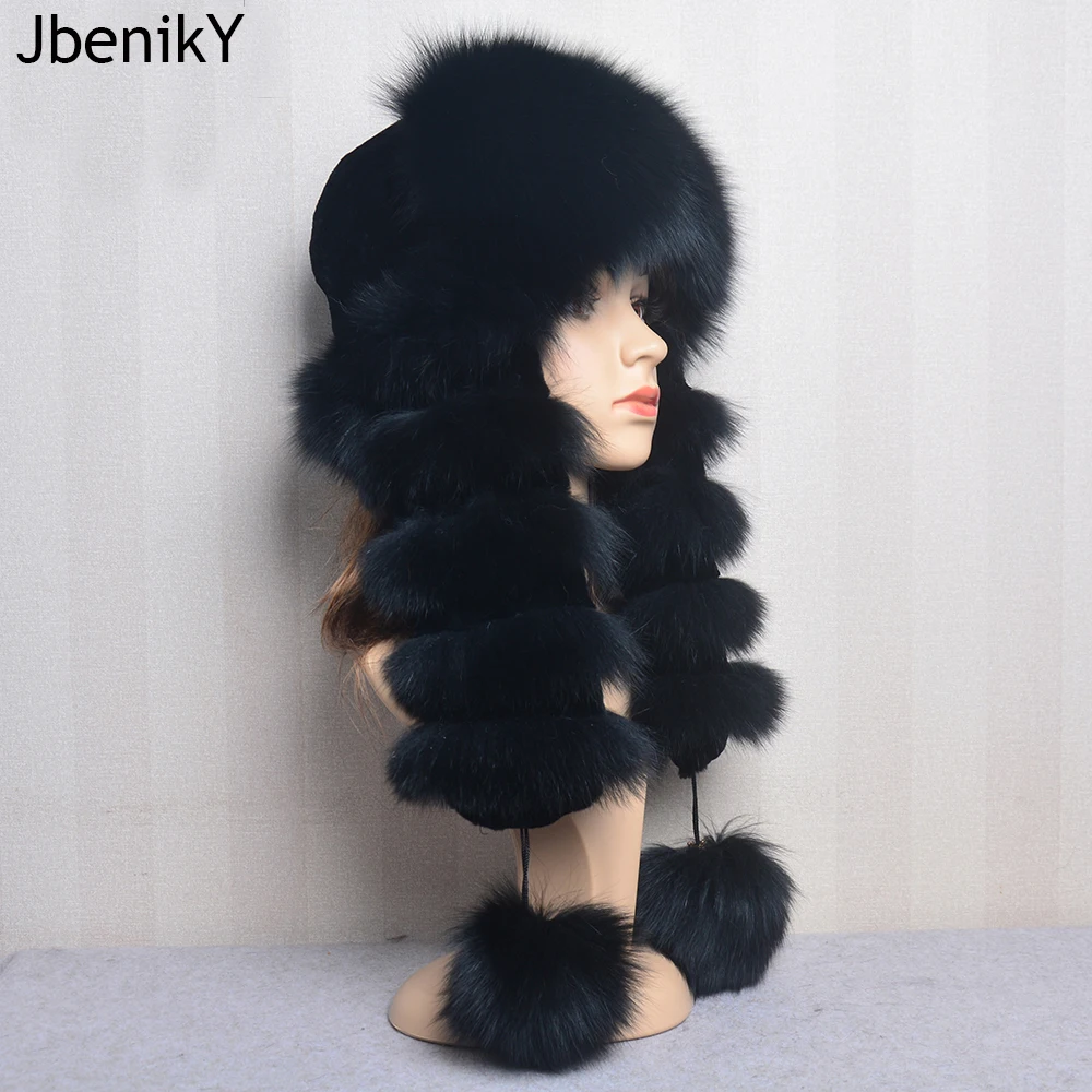 Natural Fox Fur Russian Hat Ushanka Women Winter Warm Fluffy Popular Style Female Tail Cap Fashion Real Fur Hats