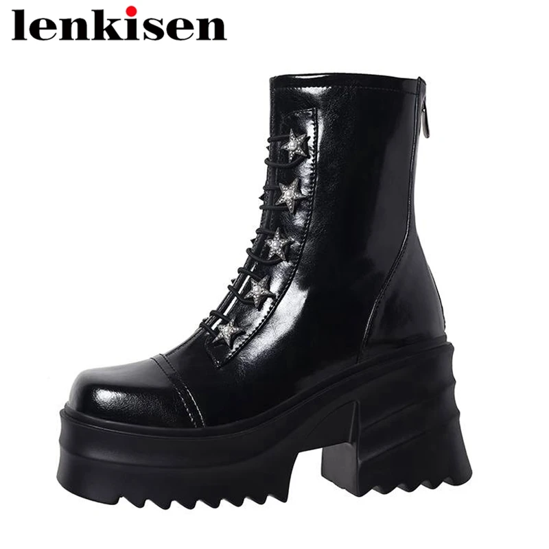 

Lenkisen 2023 Cow Leather Round Toe Thick High Heels Modern Boots Waterproof Metal Decorations Pearl Zipper Fashion Ankle Boots