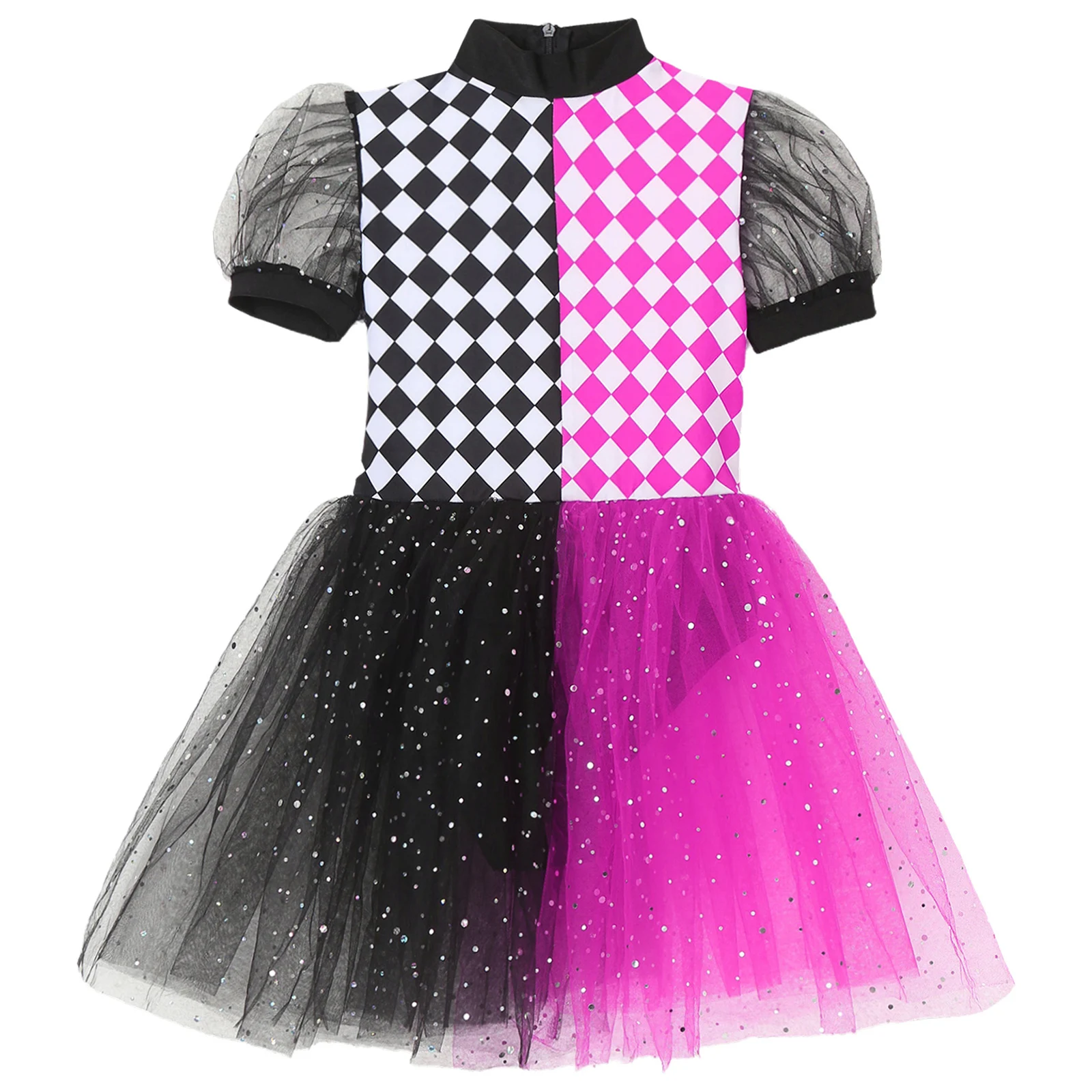 Платье-пачка с шахматным принтом и рукавами-фонариками