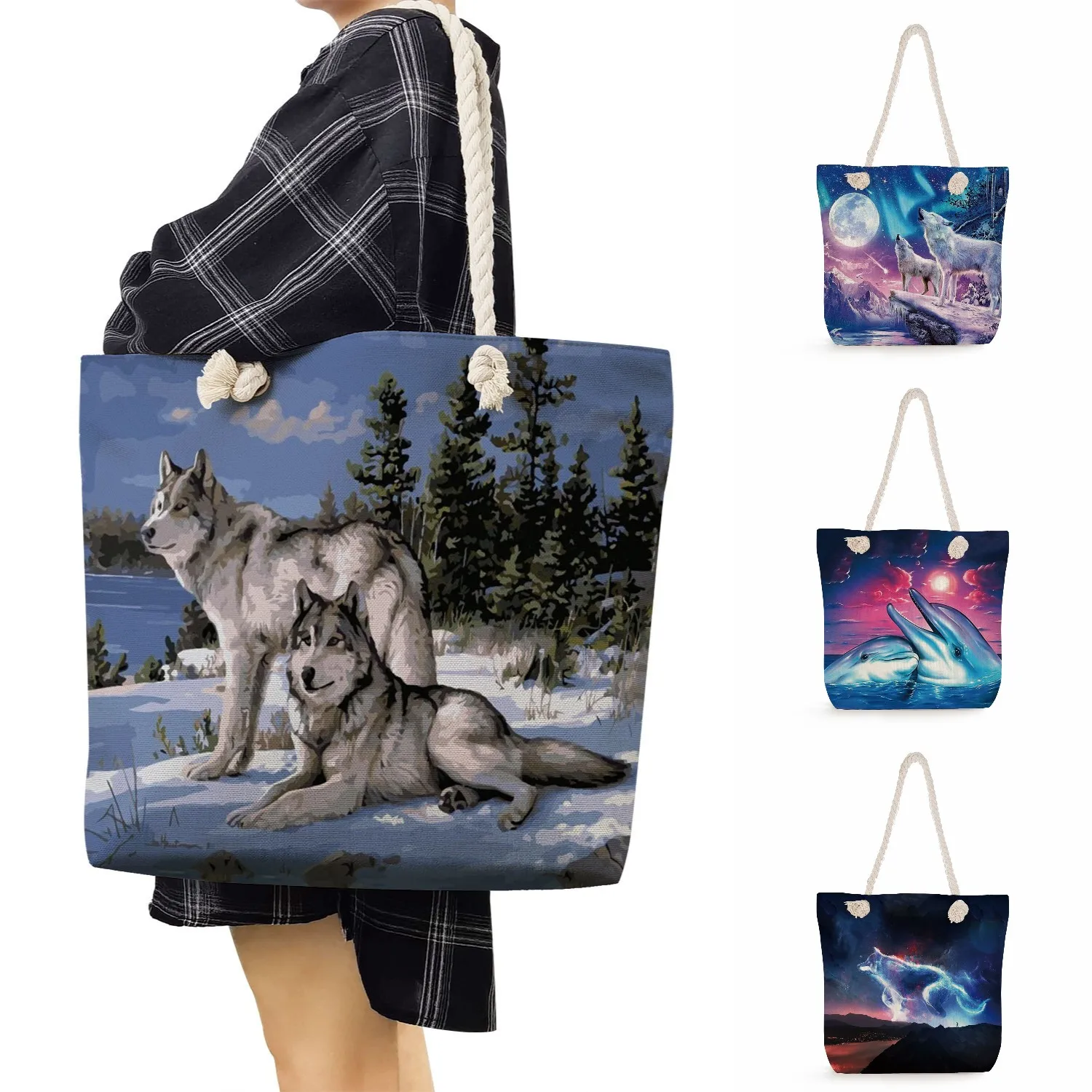 

Animal Design Thick Rope Shoulder Bags For Women Portable Wild Wolf Whale Print Handbags Cool Style The Tote Travel Shopping Bag