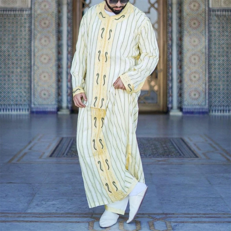 Mens Muslim Shirt Kaftan Robe Straight Long Sleeve Stripes Dubai Long Gown Thobe