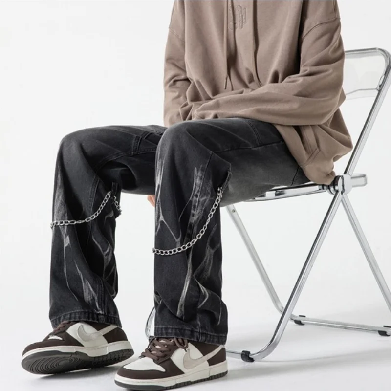 DEEPTOWN Y2K Designer Jeans Men Punk Hip Hop Streetwear Denim Straight Pants Black Loose Casual Trousers Male Japanese Spring