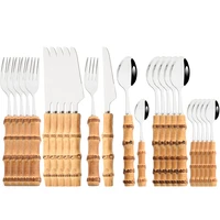 purely natural bamboo handle silver cutlery set 624pcs tableware set knife spoon fork flatware stainless steel dinnerware set