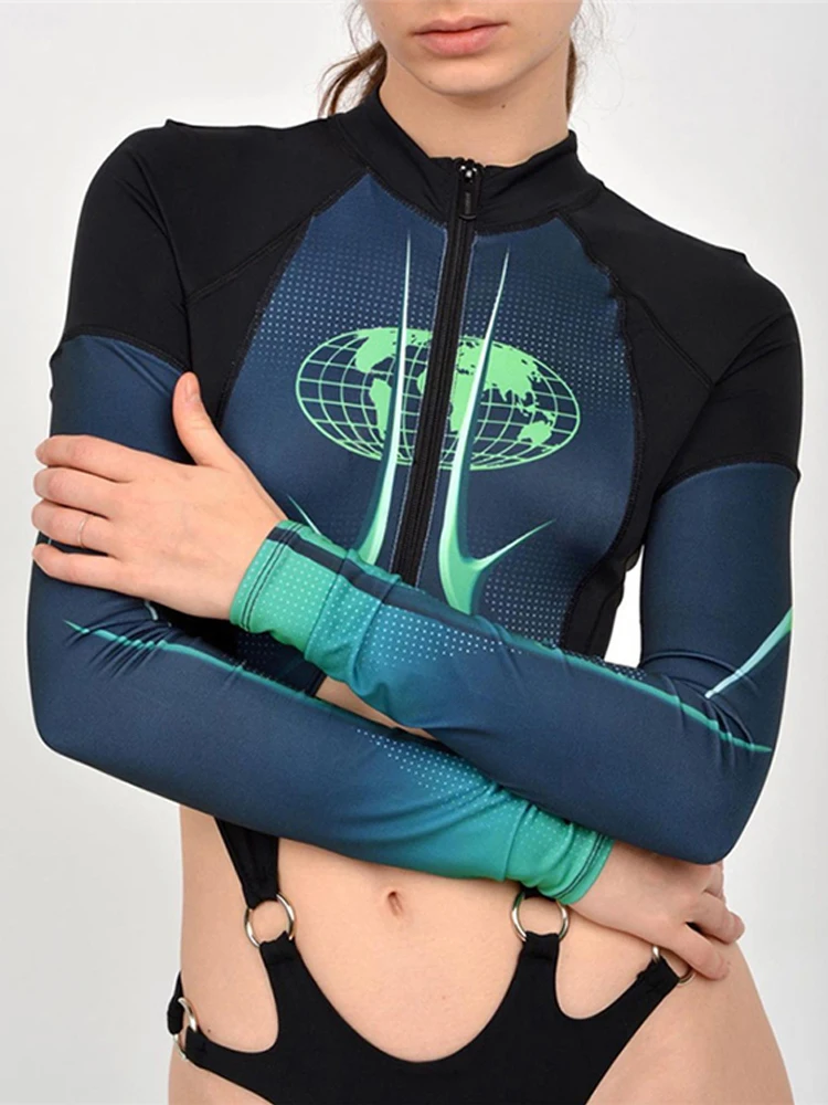 

Women Long Sleeve Zipper Bodysuits Summer Hollow Out Print Bodysuit 2022 Sexy Elastic Slim Bodys