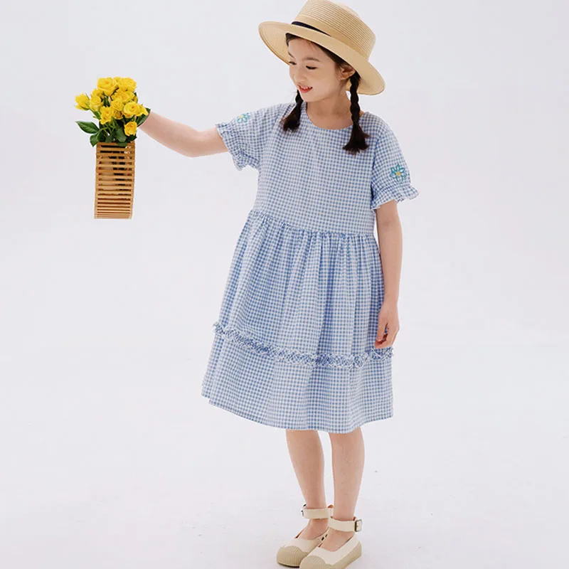 

Girls Dress Summer New 2022 Casual Blue Plaid Teenage Princess Dress Sweet Kids Clothes O-neck Short Sleeve Children's Costumes
