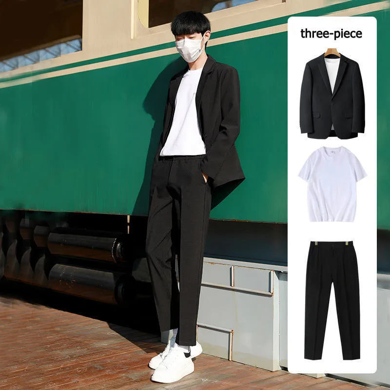 Spring Solid Color Suit Mens Streetwear Loose Causal Fashion Single Button Tops Male Korean 2 Pieces & 3 Pieces Sets with Pants images - 6