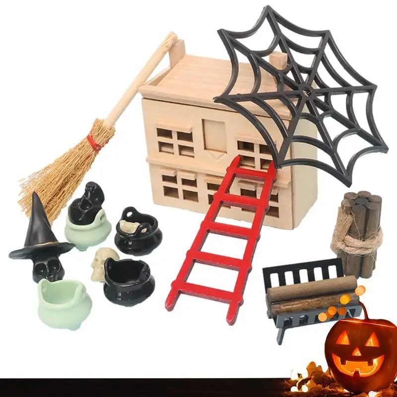 

Halloween Dollhouse Miniatures Miniature Wooden DIY Kit Reusable Mini Halloween Decorations For Yard Haunted House And Bedroom