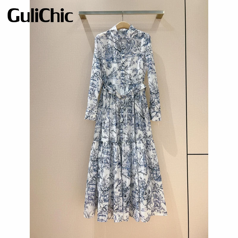 

4.4 GuliChic Holiday Vintage Temperament Floral Print Long Sleeve With Belt Collect Waist Midi Dress Women
