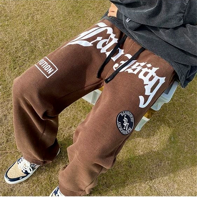 

2022 толстые флисовые зимние Y2K брюки, винтажные коричневые спортивные брюки в стиле хип-хоп с надписью, мужские широкие брюки, свободные с высокой талией, корейская мода