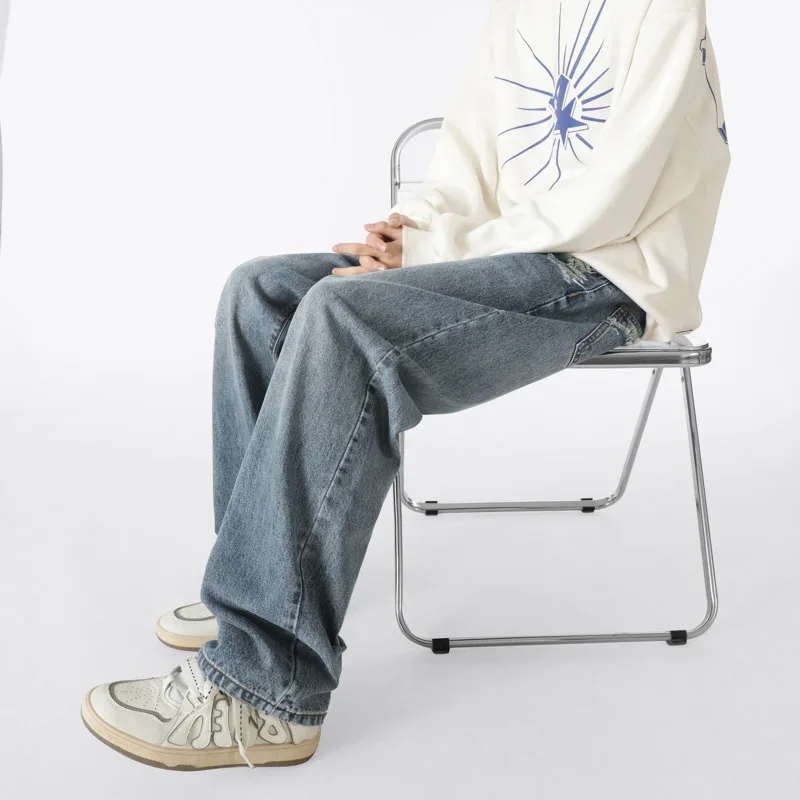 Blue Baggy Jeans Men Fashion Retro Hole Straight Jeans Men Japanese Streetwear Hip-hop Loose Ripped Denim Pants Mens Trousers