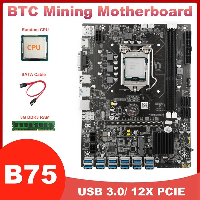 

Материнская плата B75 12XPCIE 1X к USB 3,0 LGA1155 DDR3 BTC для майнинга с случайным ЦП + ОЗУ 8 ГБ DDR3 + кабель SATA MSATA ETH Miner