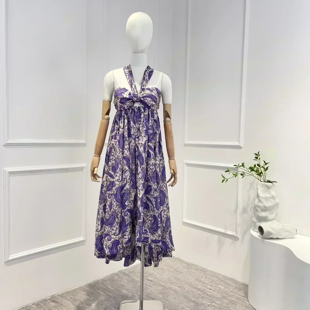 

2023 Pure Silk Top Quality Spring Summer New Vintage Paisley Priting Halter Shirred Tie Bow Sleeveless Woman Midi Dress
