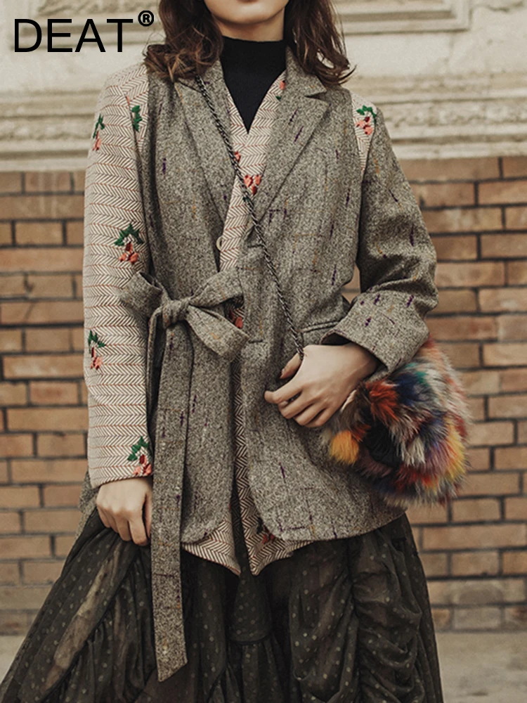 

Женский шерстяной Блейзер на завязках DEAT, пиджак с отложным воротником и декоративной вышивкой, пальто на зиму 2023, 7AB1338