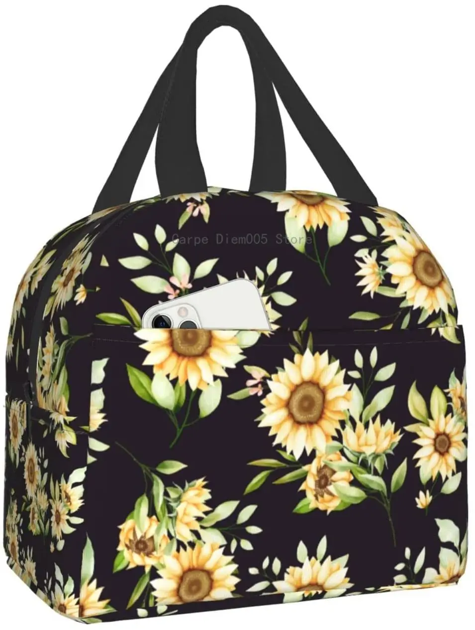 

Beautiful Sunflowers Black Insulated Lunch Box Freezable Cooler Thermal Waterproof Lunch Tote Bag