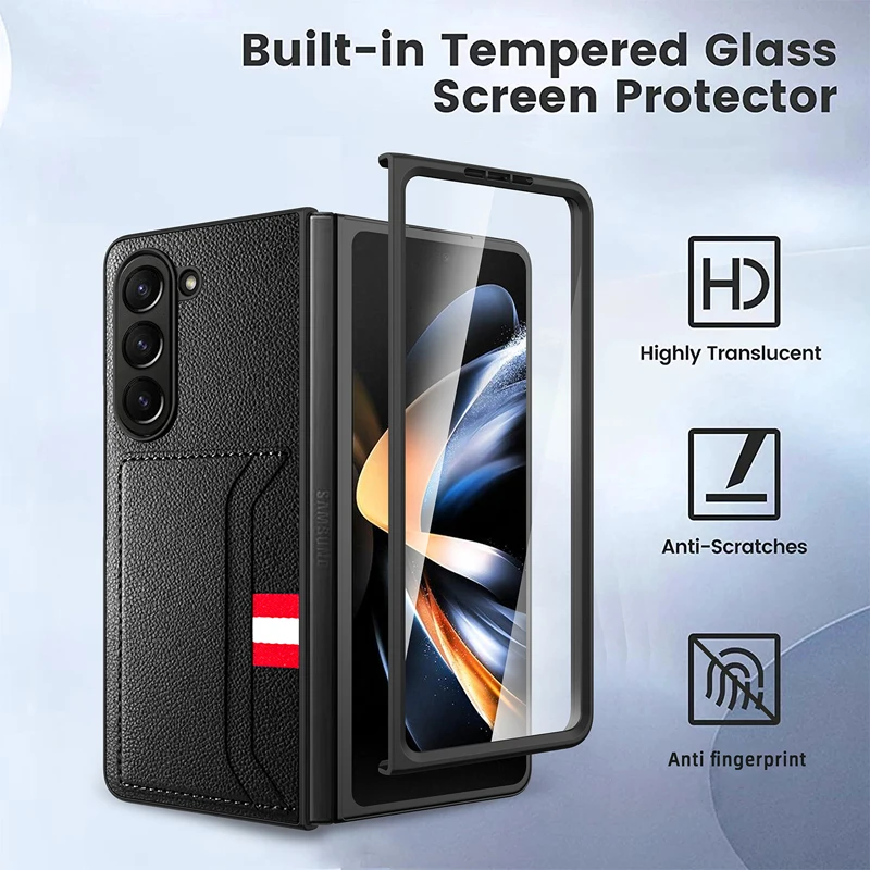 

For Galaxy Z Fold 5 Case Lichee Pattern Leather + PC Slim Cover With Card Slot Built-in Front Tempered Glass For Galaxy Z Fold5