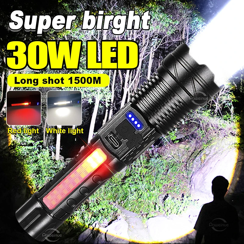 

Most Powerful LED Flashlight TYPE-C USB Rechargeable Torch Light High Power Flashlight Tactical Lantern Waterproof 30W Work Lamp