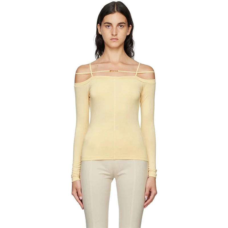 

Новинка 2022, хлопковая футболка без бретелек с длинным рукавом и воротником «одно слово», женская модная пикантная однотонная Облегающая ру...