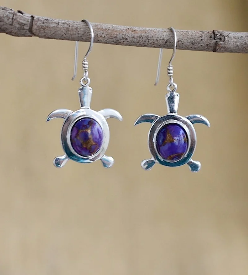 

Vintage Carving Turtle Earrings for Women Trendy Metal Silver Color Inlay Purple Turquoise Hook Drop Earrings Jewelry