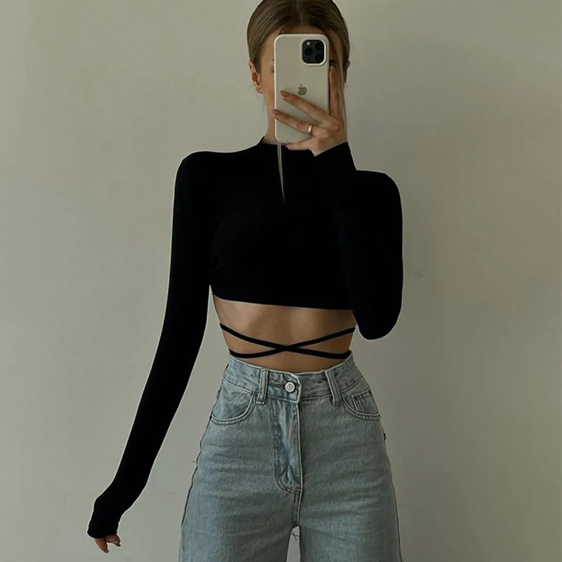 

2022 New Year Black Backless Lace Up Women Crop Top Sexy O Neck Pullover Female Tees Skinny Long Sleeve T Shirt Streetwear