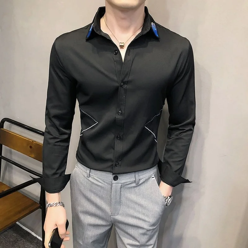 2022 Spring Embroidery Men's Shirts Long Sleeve Slim Fit Casual Shirt Social Party Tuxedo Singer Host Male Clothing Streetwear