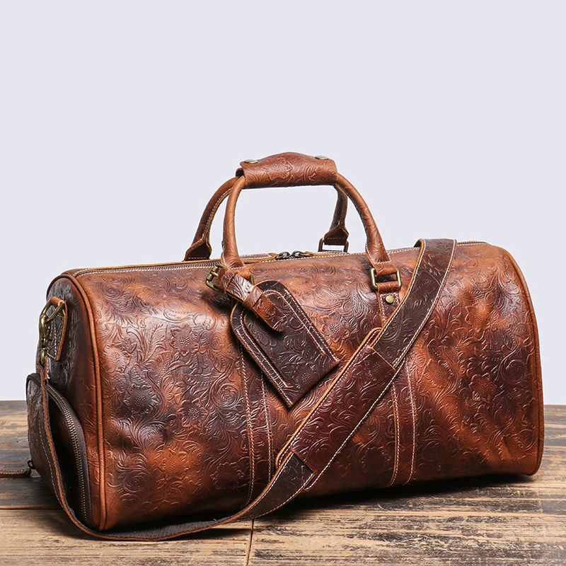 LEATHFOCUS Vintage Embossed Handbag Men's Women's Leather Travel Bag Large Capacity Business Duffles Bag Weekend Gym Bag