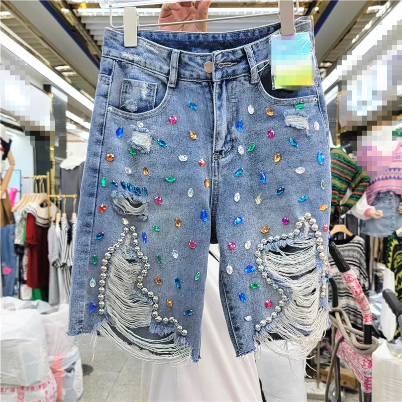 

Trendy Colored Diamonds Hole Women Knee-length Jeans 2022 New Summer High Waist Breeches All-match Straight Denim Mid Pants
