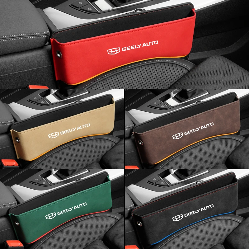 

Multifunction Seat Crevice Storage Box For Geely auto logo Car Seat Gap Organizer Seat Side Bag Reserved Charging Cable Hole