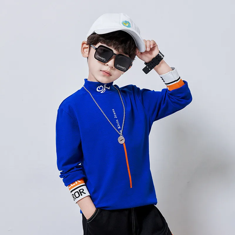 

New Spring Fall Teenage Boy T-shirts Cotton Letter Print Bottom Shirts Children Streetwear Clothes Blue White Black Tops 3-14Y