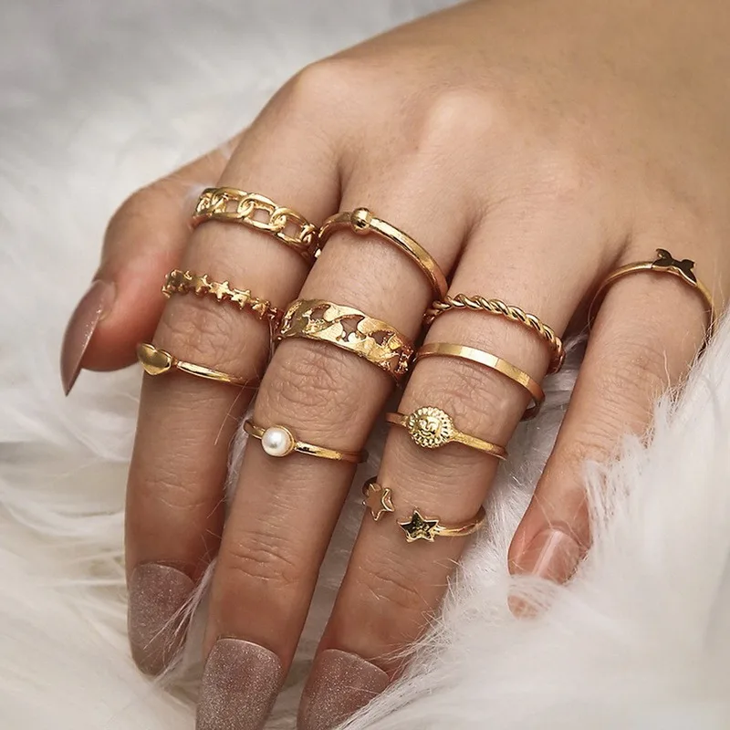 

11pcs Vintage Gold Color Chain Star Heart Ring Set for Women Retro Geometric Bohemia Butterfly Shiny Zircon Circle Rings Jewelry