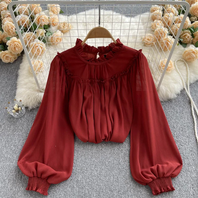 

Hikigawa Chic Fashion Women Tops Vintage Elegant Red O Neck Ruffled Long Sleeve Casual Shirts Solid Loose Blouse Top Mujer