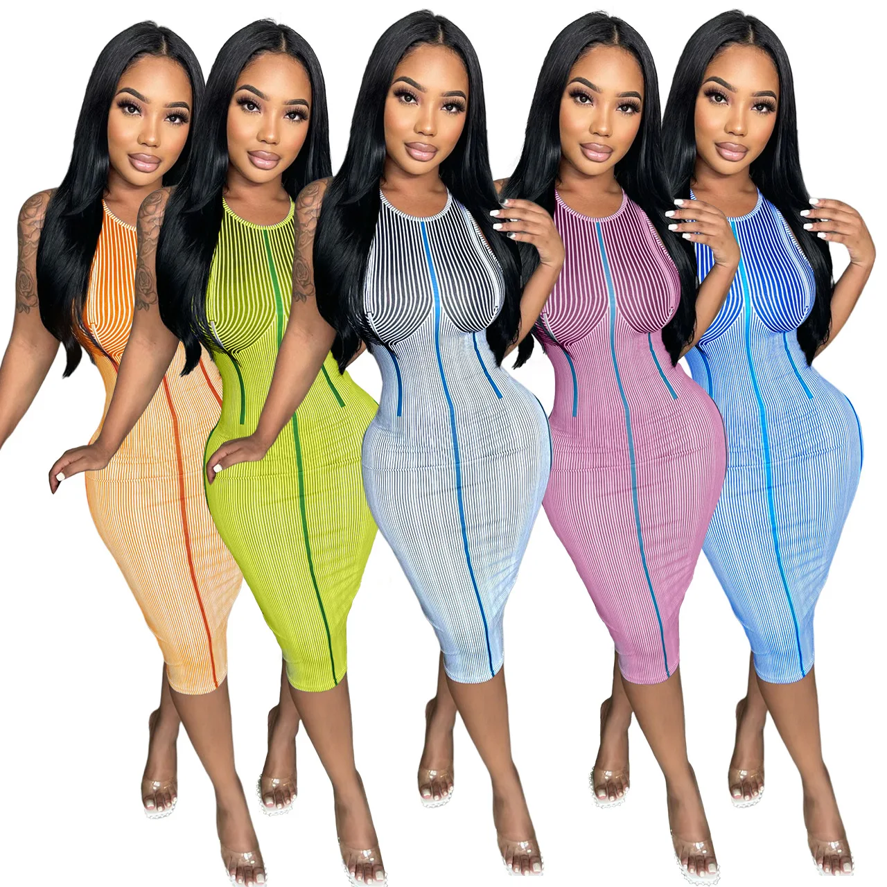 

Dresses for Women 2022 Summer Dress Women Elegant New Vest Personality Striped Printed Hip Wrap Sexy Dress Frocks for Women