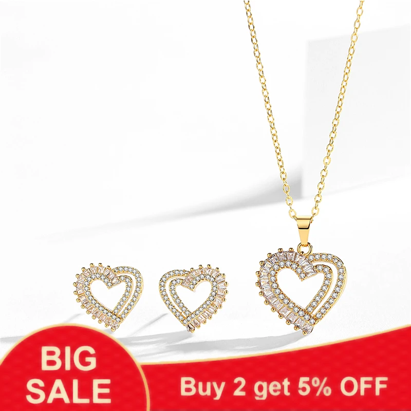 

Double Layer Hollow Heart Necklace Earrings Jewelry Sets for Women Gorgeous Party Jewelry Full Inlaid Zircon Necklaces S045