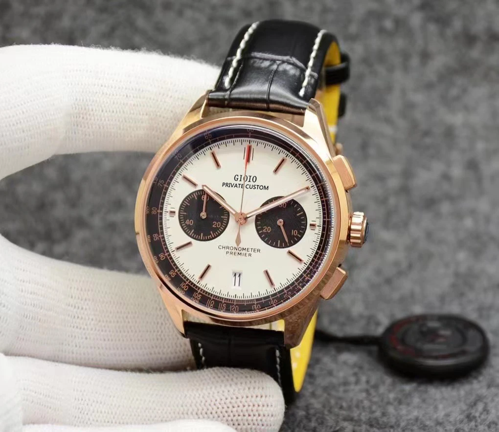 

Mens Quartz Chronograph Watch Black Brown Leather