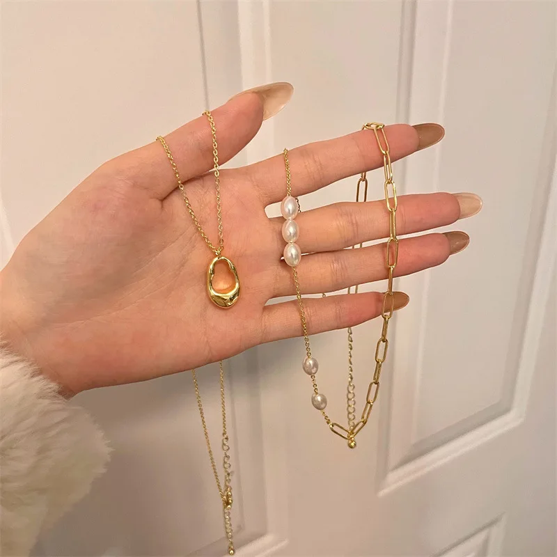 

Корейский Модный золотой нестандартный геометрический кулон ожерелье на свитер Двухслойное жемчужное ожерелье для женщин ювелирные издел...