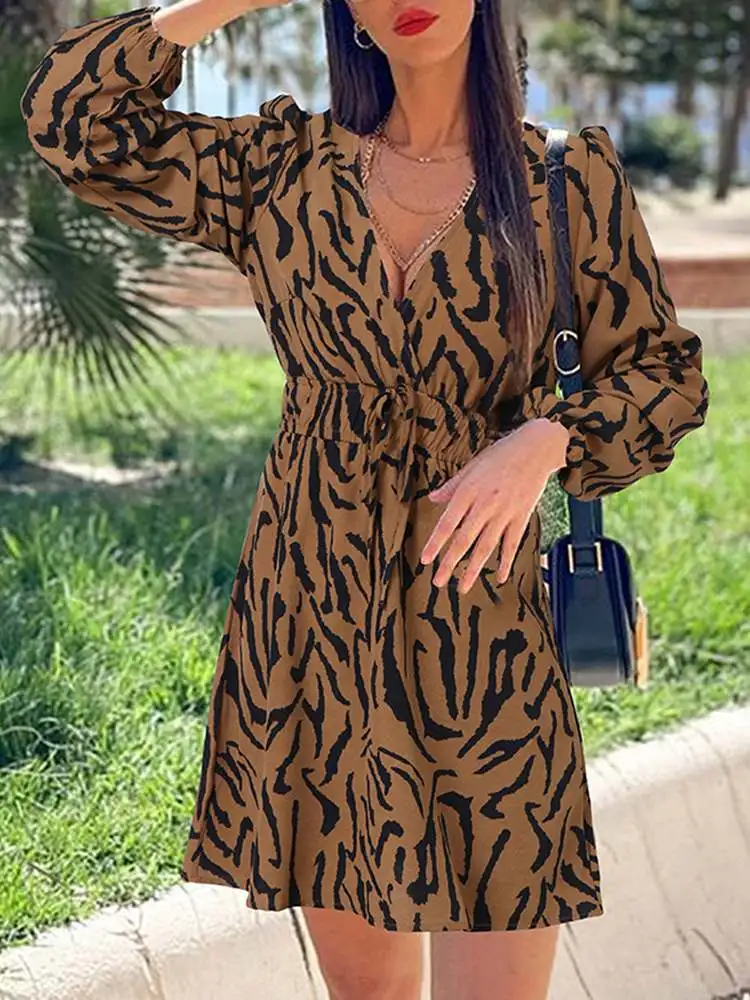 

Celmia Zebra Pattern Mini Dress Women Trendy High Waist Party Sundress 2022 Fashion Drawstring Streetwear Sexy V-neck Vestidos