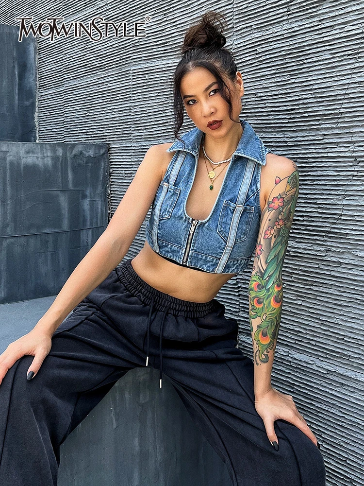 

TWOTWINSTYLE Streetwear Sexy Denim Sleeveless Vest For Female V Neck Solid Minimalist Vest Women Fashion Clothing Style New 2022