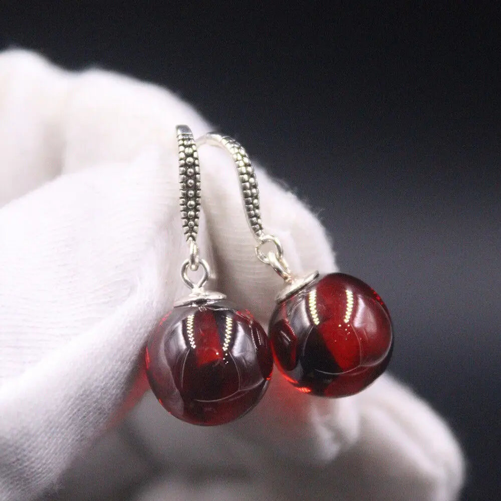 

Real 925 Sterling Silver Set Red Garnet Bead Dangle Earrings 27mm L