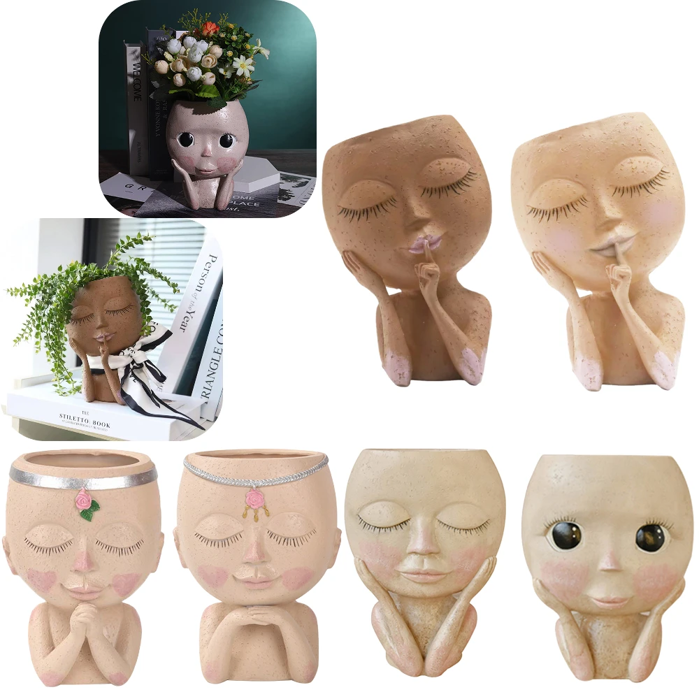 Girls Face Head Figurine Flower Pot Succulent Plant Resin Pots Garden Plant Growing Flowerpot Home Balcony Tabletop Decorative