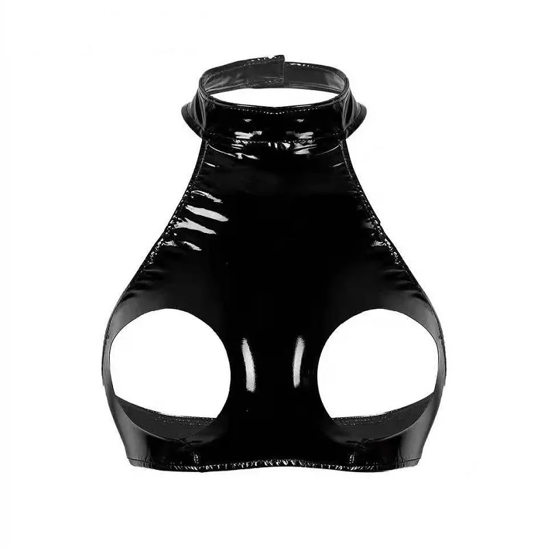 

Women Sexy Wetlook Leather Camisole Erotic Open Cup Bust Nipple Exposed Latex Halter Neck Leather Crop Tank Tops Glossy