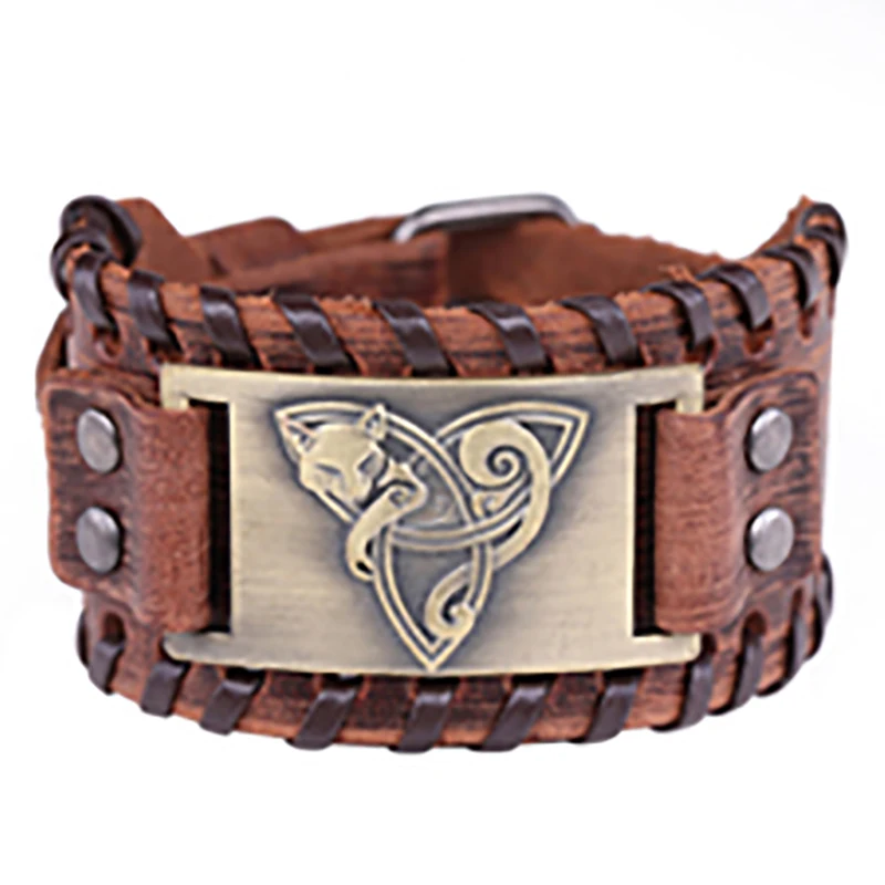 

New Fashion Trendy Totem Design Triangle Fox Bracelet Men's Bracelet Fashion Leather Animal Viking Accessories Party Jewelry