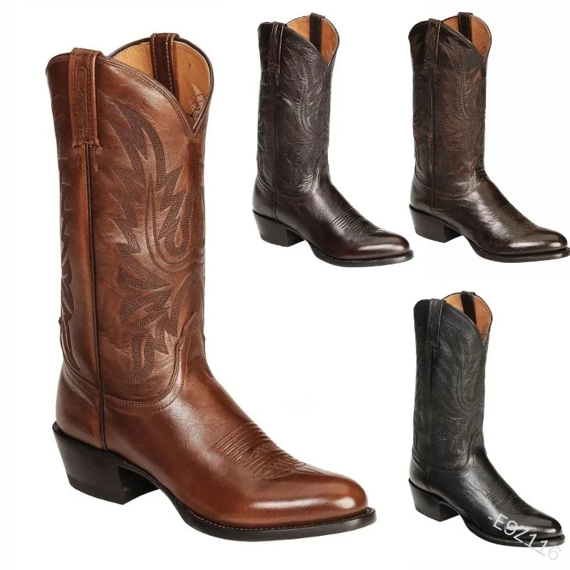 Botas de tacón medio para hombre, botines de estilo vaquero occidental, bordado a campo traviesa, estilo europeo y americano
