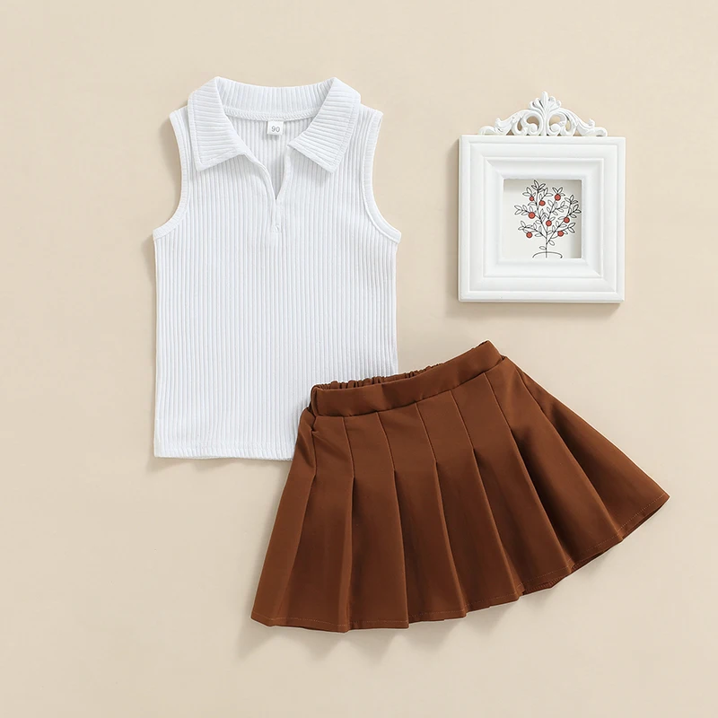 

Детский комплект с юбкой для девочек, жилет без рукавов с отложным воротником и плиссированная юбка, летняя повседневная одежда, детский комплект одежды