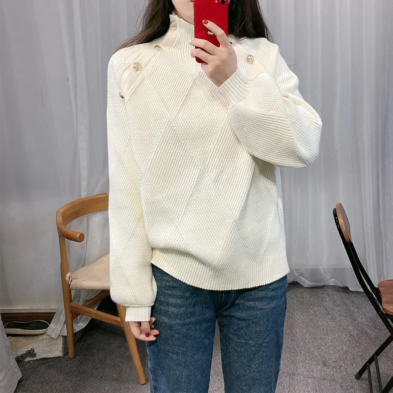 

Beige Color Fashion Screw Thread Women Thic Pullovers Sweater Full Sleeves Button Elegant Lazy Oaf Streetwear Jumpers свитер