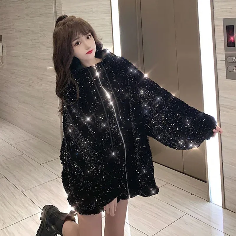Starry Sky Sequins Cotton Coat Women's 2022 Autumn Winter New Hooded Fried Street Korean Version Loose All-Match Warm Jacket