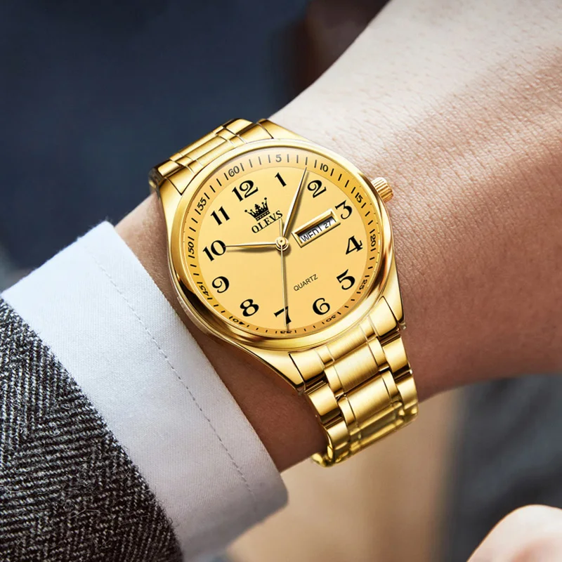 

OLEVS Waterproof Casual Men Wristwatch Trendy Luxury Quartz Alloy Strap Watch for Men Calendar Week Display