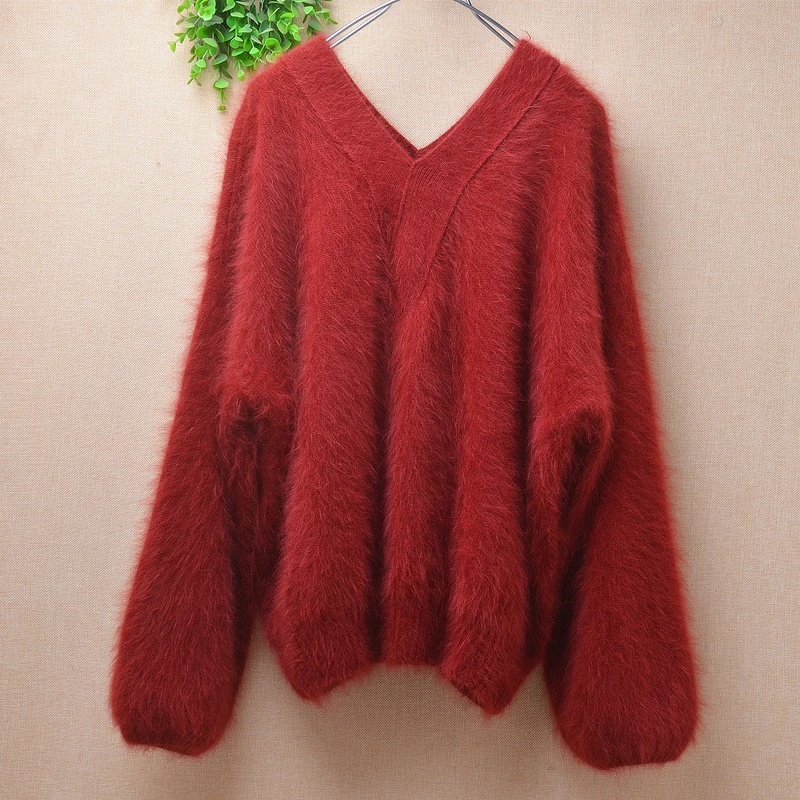 

Female Women Fall Winter Clothing Hairy Mink Cashmere Knitted V-Neck Long Sleeves Loose Pullover Angora Fur Jumper Sweater Pull