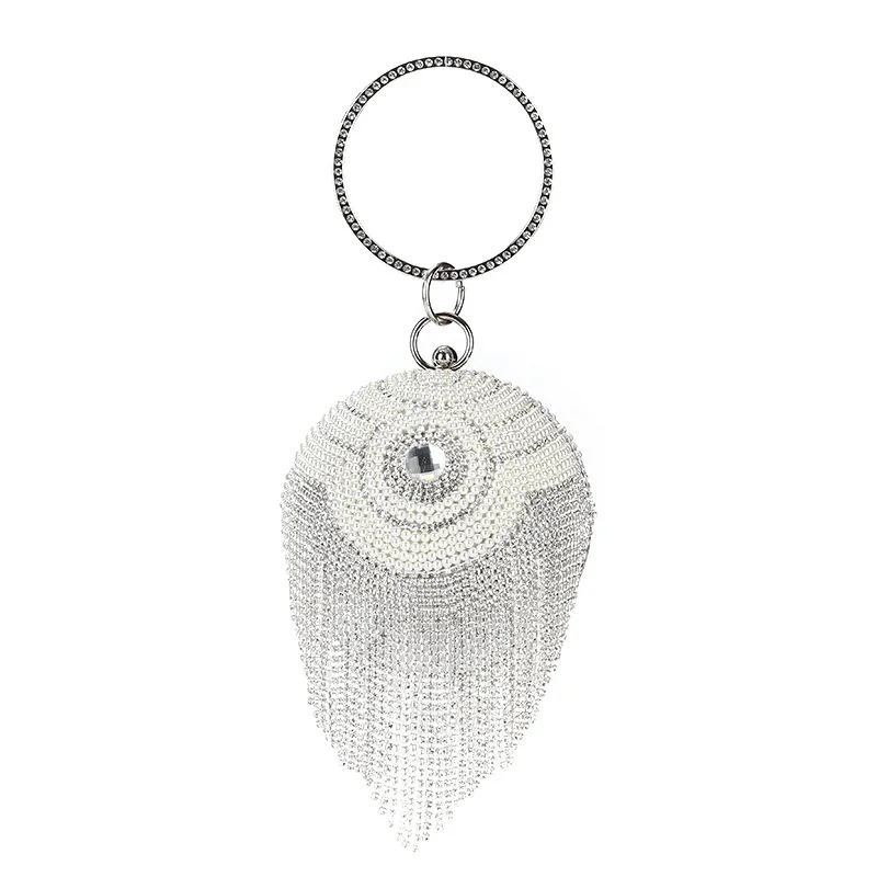 

Mini Round Top Handle Handbags Female Rhinestone Tassels Evening Clutch Party Women'S Bag Sliver Ladies Hand Bags Purse Wallets