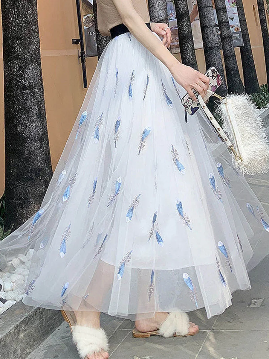 

A-line Skirts Ankle High Long Feather Casual Length Sweet Skirts Skirt Pattern Embroidery Tulle Summer Waist Ladies Women's