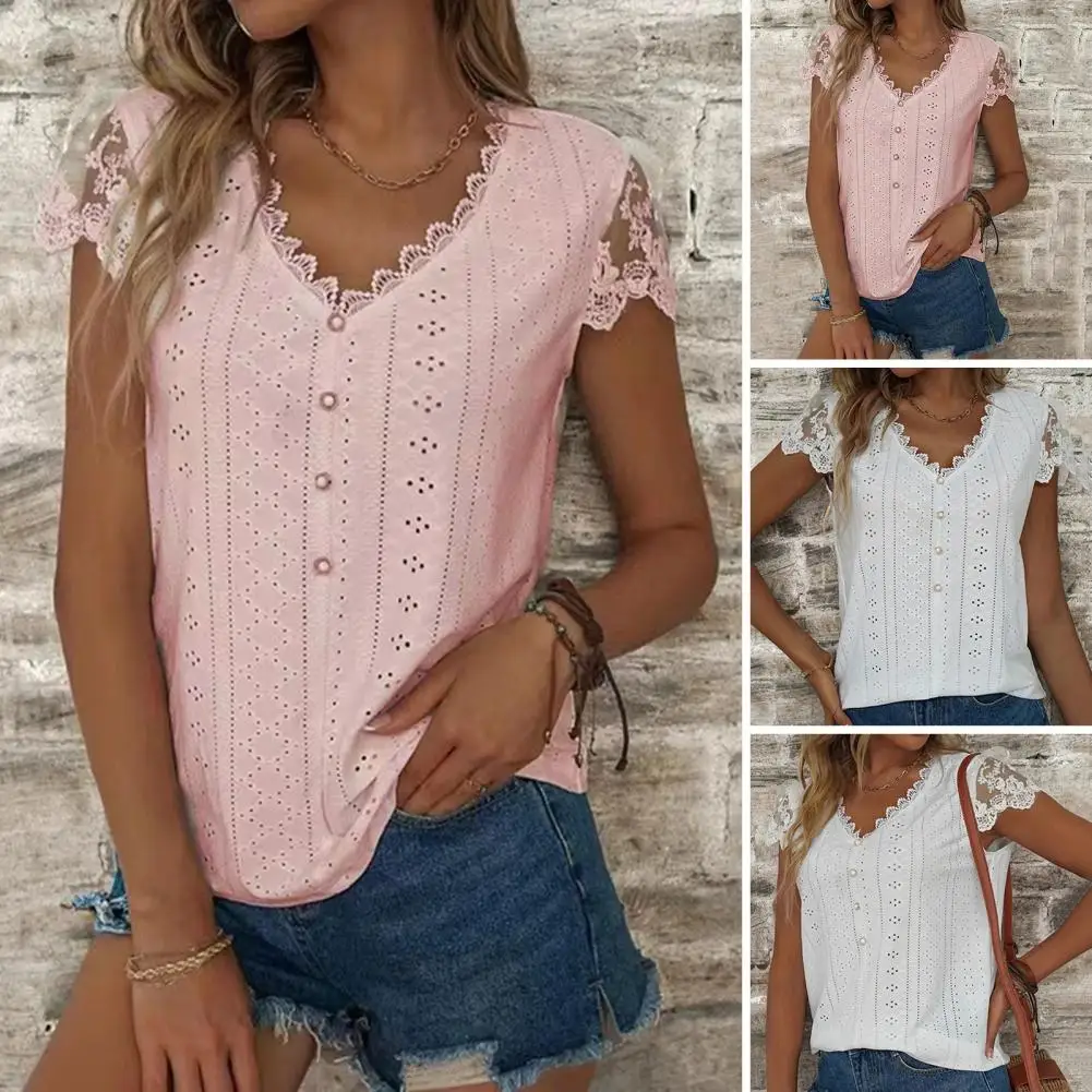 

Fashionable Elegant Y2k Blouse Women's Summer V Neck Lace Stitching Solid Color Shirt Casual Short Sleeve Comfortable Basic Tops