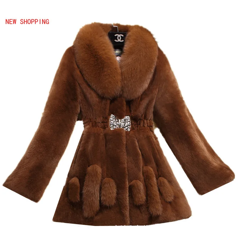 Soft Faux Fur Coat Women Slim Waist Diamond Button Plus Size Long Sleeve Turn-down Collar Winter Womens Rabbit Fur Jacket Warm